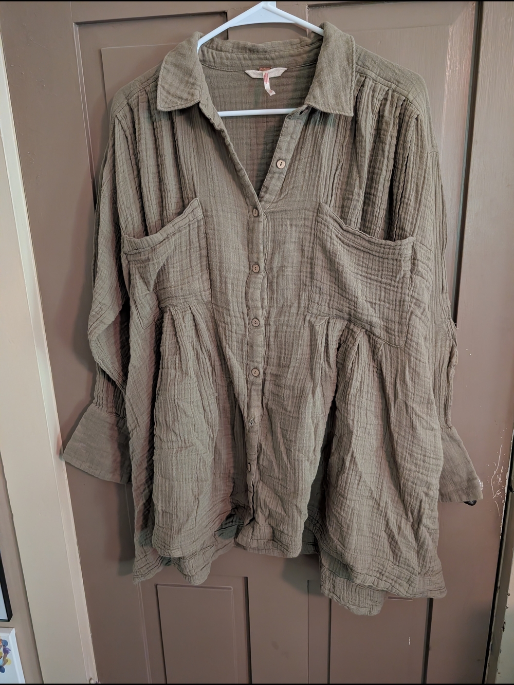 Free People Olive Green Gauze Button Tunic Dress - Oversized - Size Small